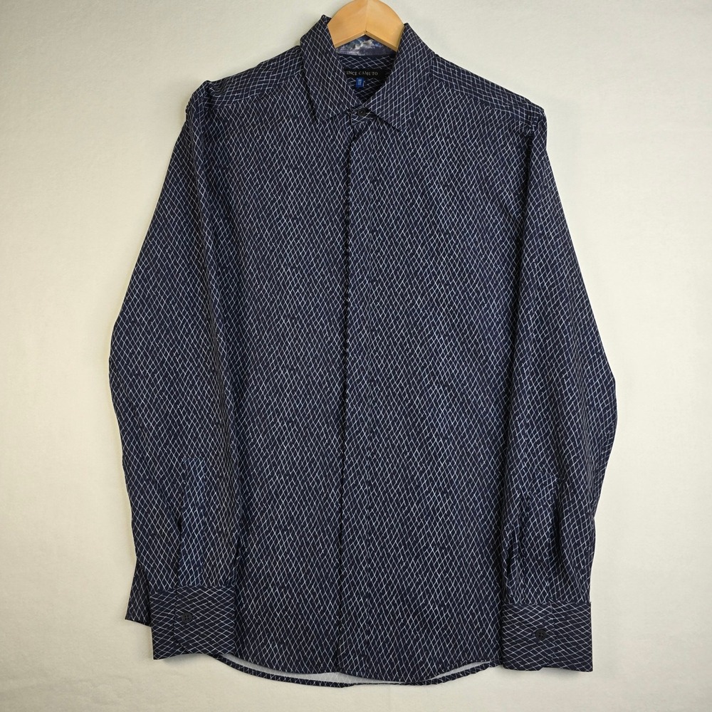 Vince Camuto Mens Medium Navy Blue White Diamond Grid Pattern Button Down Shirt
